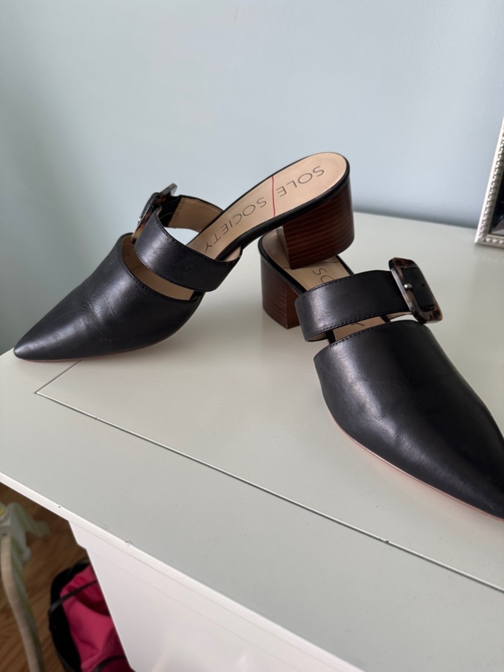 Sole Society Black Leather Pointed Buckle Mules with Wood Block Heel